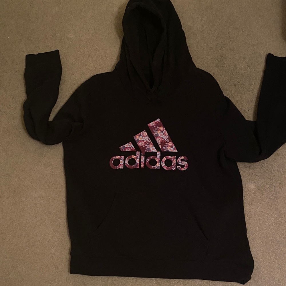 Adidas Black Hoodie with Pink Floral Logo